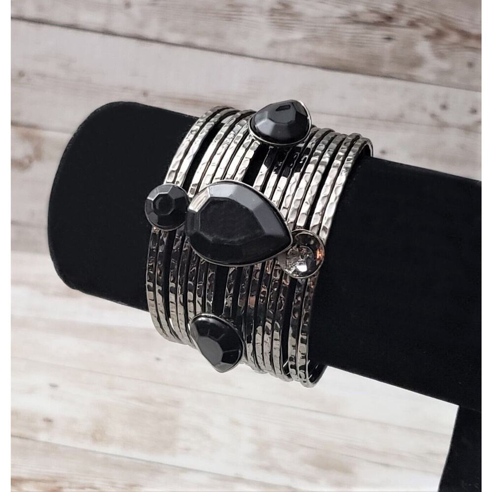 Vintage Cuff Bracelet Dark Silver Tone & Black Gem - One Gem Missing